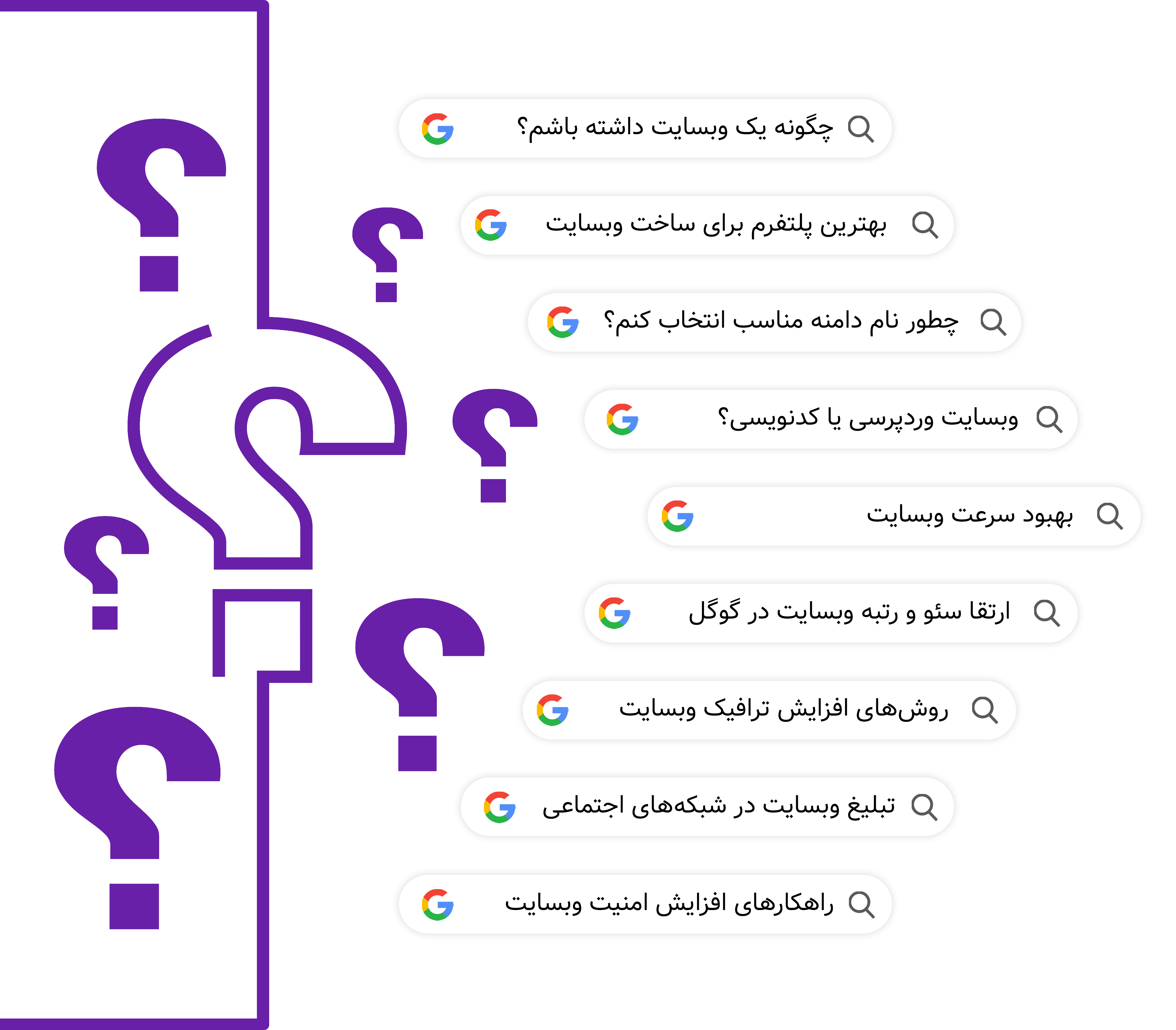  جستجوهای مرتبط با ساخت و بهینه‌سازی وبسایت در گوگل، شامل سوالاتی مانند چگونگی داشتن وبسایت، انتخاب دامنه مناسب، بهبود سئو و امنیت وبسایت، و تبلیغ در شبکه‌های اجتماعی - وبدیگو