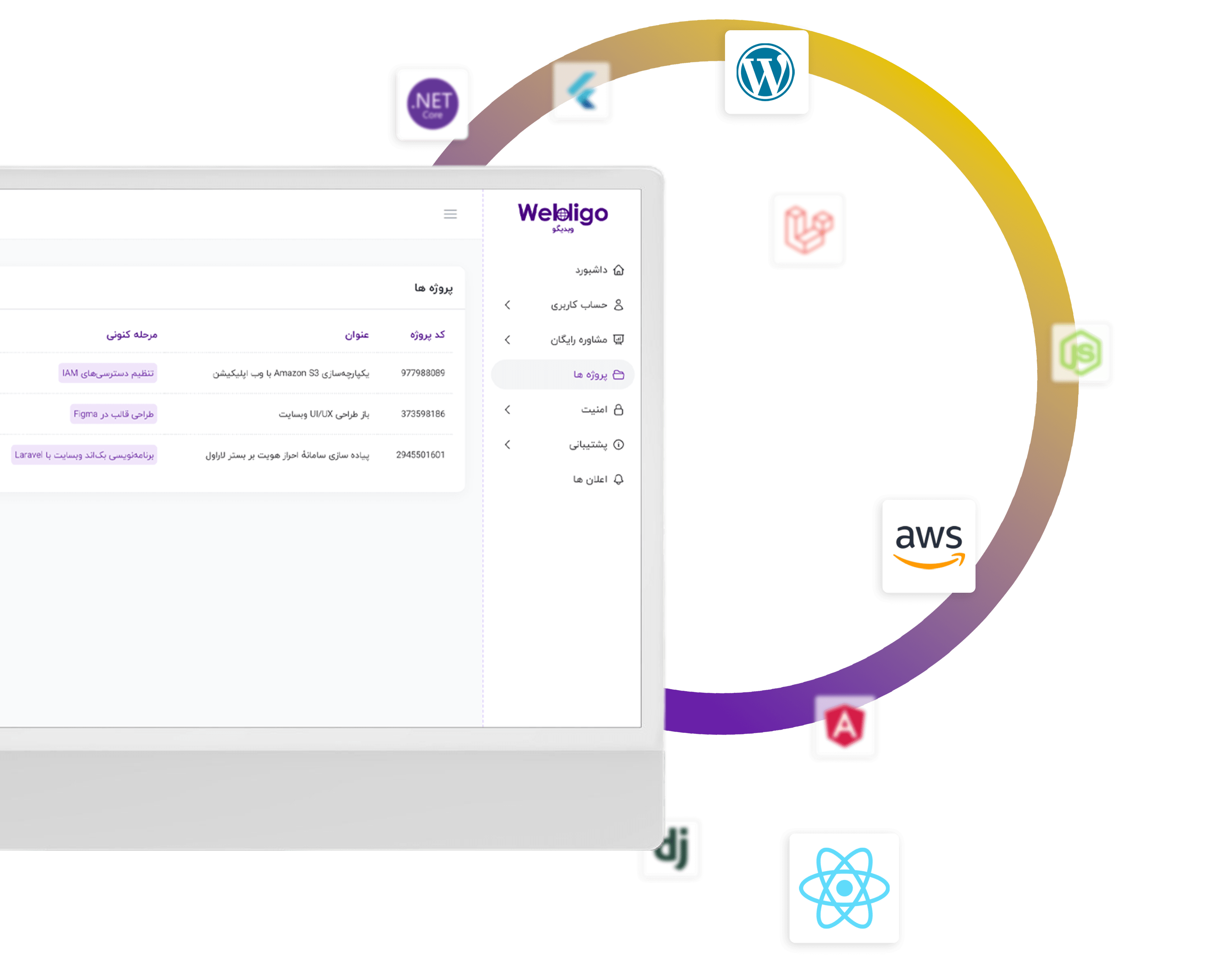 داشبورد وبسایت وبدیگو با نمادهای فناوری‌های مدرن مانند React ،Laravel ،WordPress و AWS